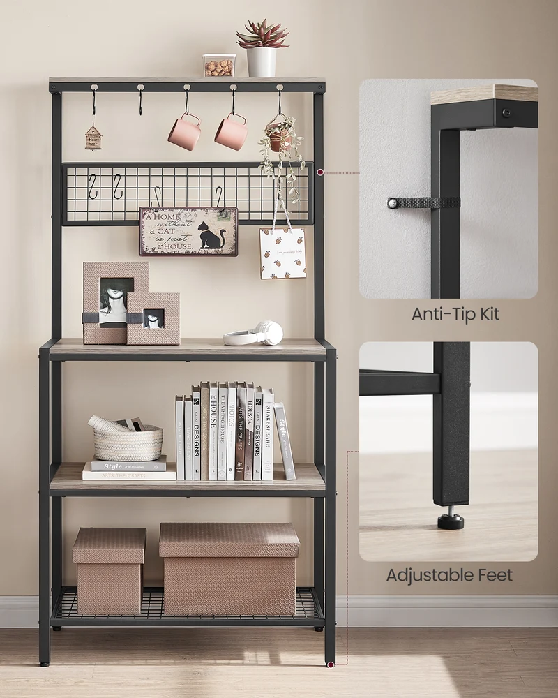 VASAGLE Kitchen Bakers Rack Coffee Bar Storage Shelf Island Rack Microwave Stand with 10 Hooks 3 Shelves Greige and Black