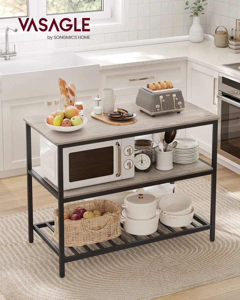 Kitchen Island with 3 Shelves, Island Table, 47.2 Inches Width Kitchen Shelf with Large Worktop, Stable Steel Structure, Industrial, Easy to Assemble