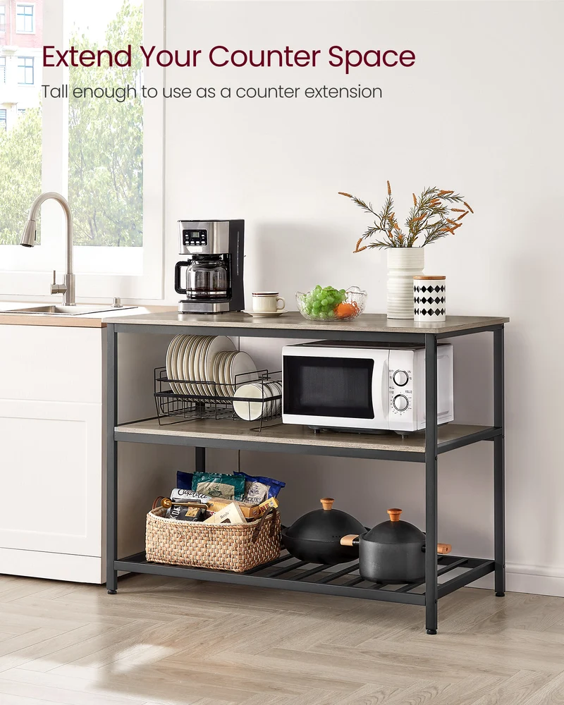 Kitchen Island with 3 Shelves, Island Table, 47.2 Inches Width Kitchen Shelf with Large Worktop, Stable Steel Structure, Industrial, Easy to Assemble