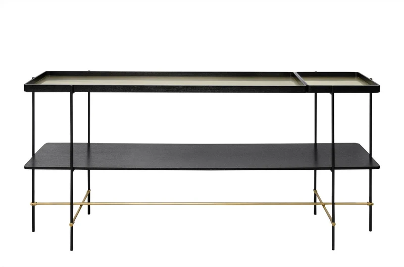 Casa Padrino Luxus Konsole Gold / Schwarz 180 x 40 x H. 90 cm - Langer Konsolentisch mit gebürstetem Edelstahlgestell und schwarzen Eichenfurnier Flächen - Luxus Möbel