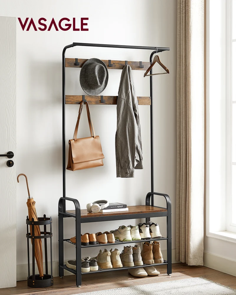 VASAGLE Coat Rack, Hall Tree with Shoe Bench Entryway Bench with Coat Rack, 4-in-1, with 9 Removable Hooks, a Hanging Rod