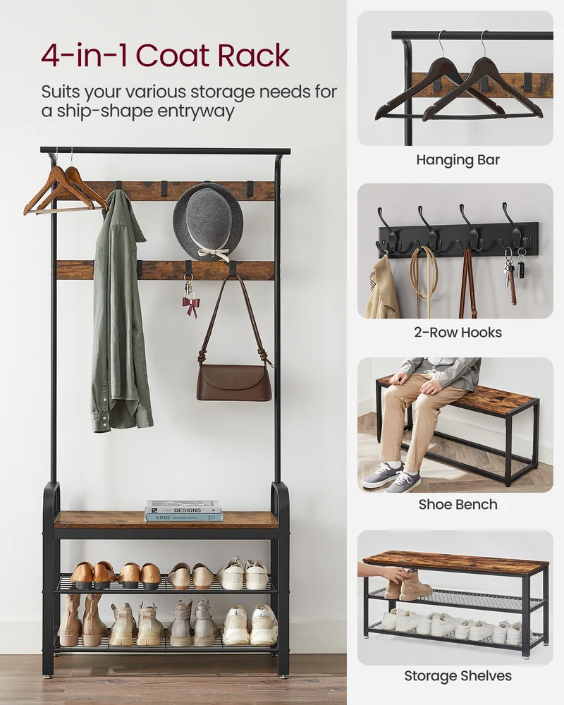 VASAGLE Coat Rack, Hall Tree with Shoe Bench Entryway Bench with Coat Rack, 4-in-1, with 9 Removable Hooks, a Hanging Rod