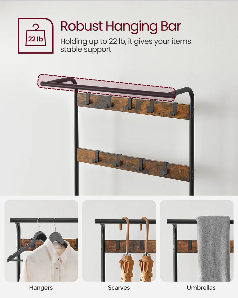 VASAGLE Coat Rack, Hall Tree with Shoe Bench Entryway Bench with Coat Rack, 4-in-1, with 9 Removable Hooks, a Hanging Rod