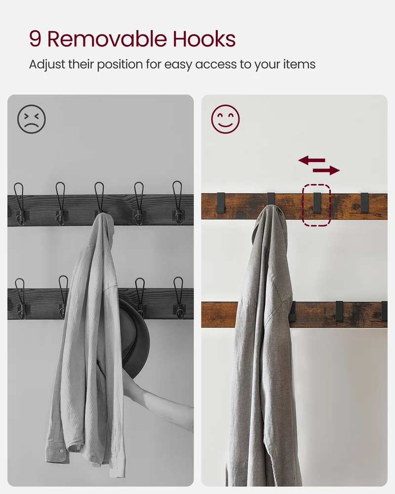 VASAGLE Coat Rack, Hall Tree with Shoe Bench Entryway Bench with Coat Rack, 4-in-1, with 9 Removable Hooks, a Hanging Rod