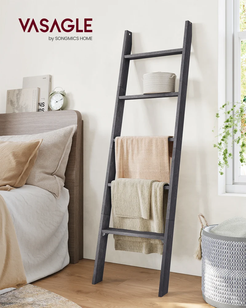 5-Tier Farmhouse Blanket Ladder Shelf - Rustic Wooden Storage Rack for Home Decor, Misty Gray