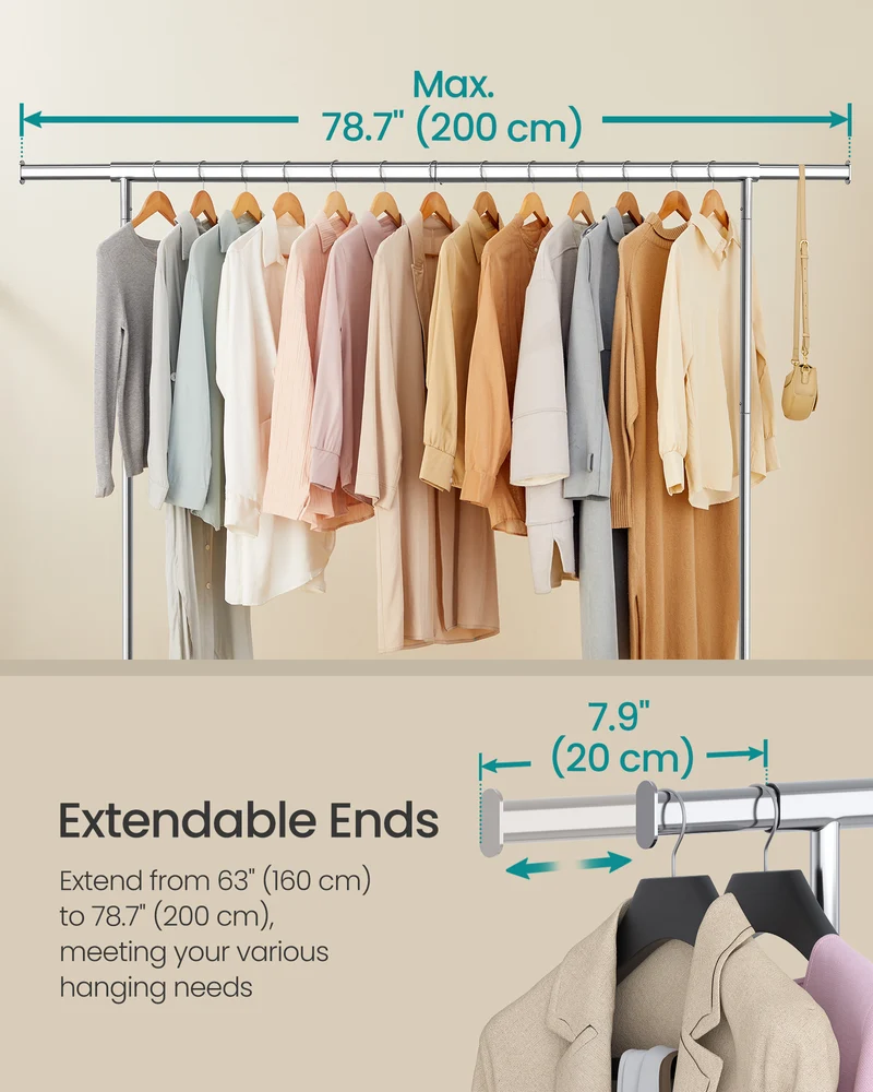 Clothes Rack with Wheels Heavy Duty, Extendable Hanging Rod, 243 lb Load Capacity, Size: 17.7 x (63 - 78.7) x 64.1 Inches