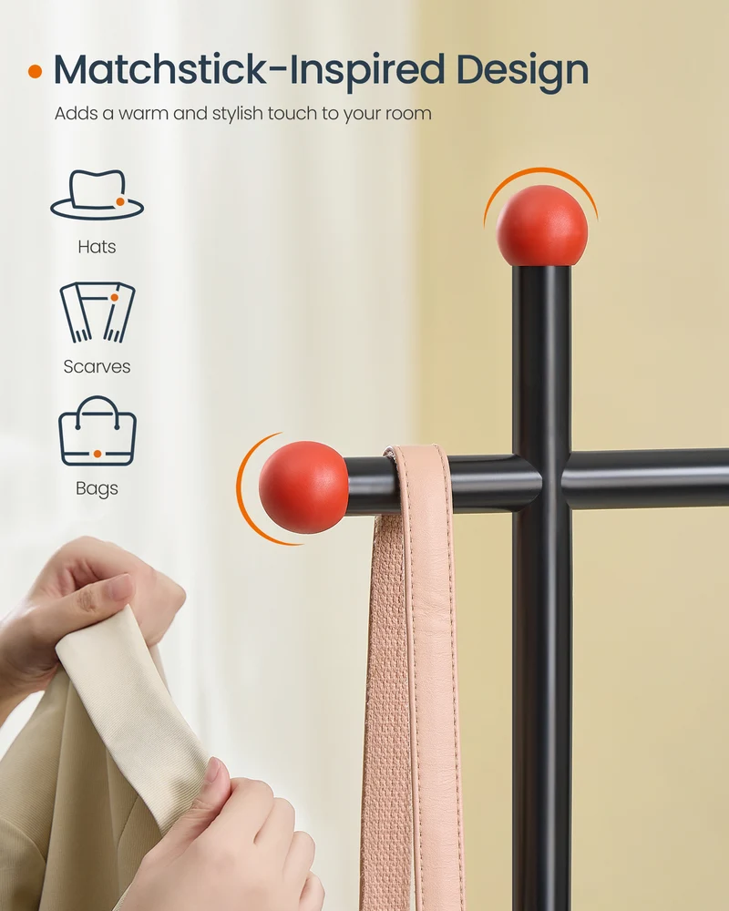 SONGMICS HOME Clothes Rack, Clothes Rail on Wheels, Portable Garment Rack, with 1 Clothes Hanging Rail, Matchstick-Shaped Hooks, Ink Black