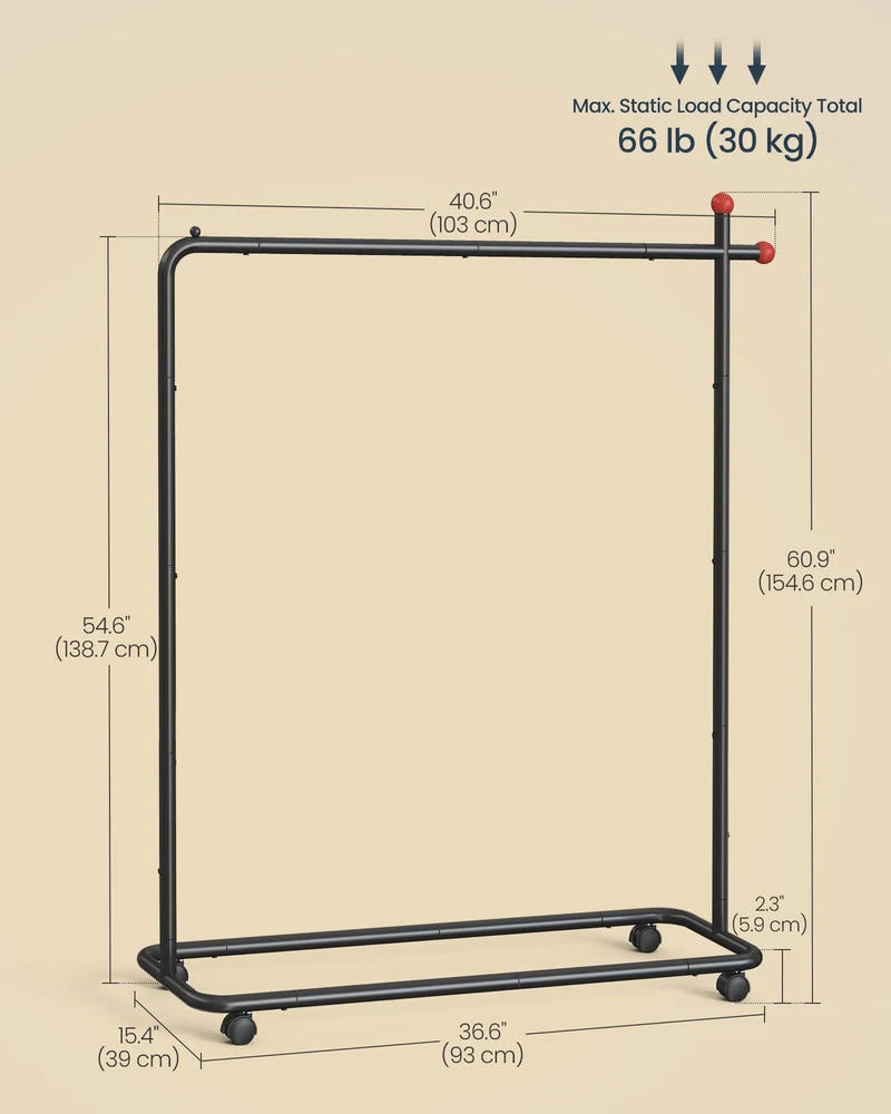 SONGMICS HOME Clothes Rack, Clothes Rail on Wheels, Portable Garment Rack, with 1 Clothes Hanging Rail, Matchstick-Shaped Hooks, Ink Black