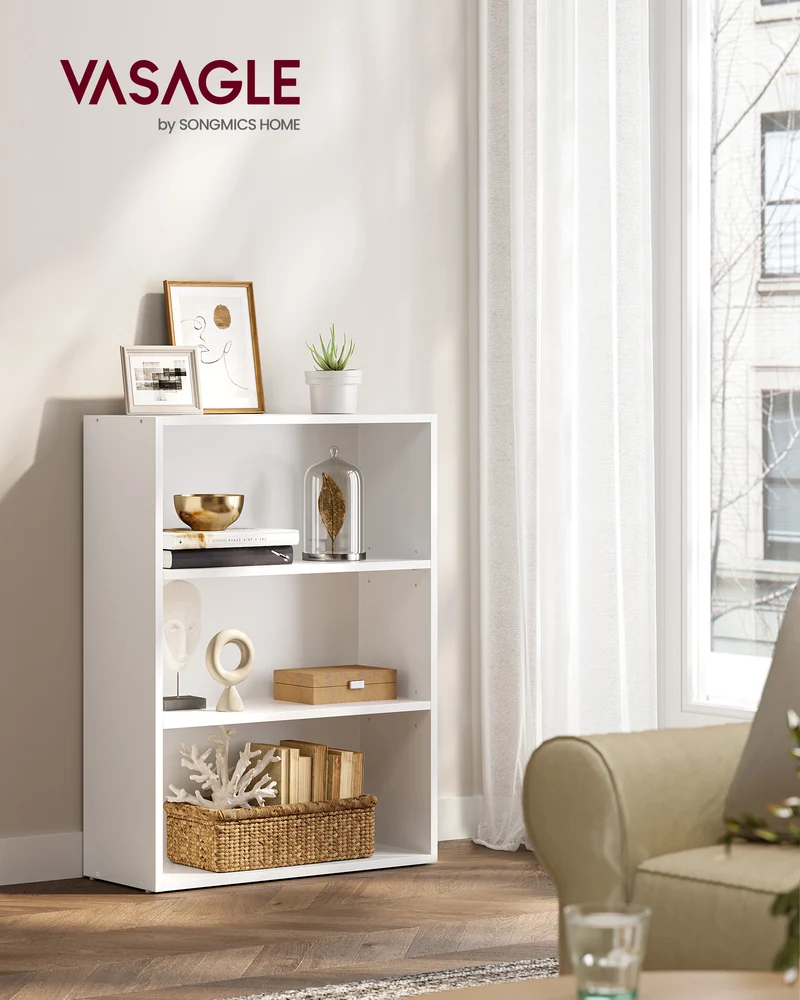 White 3-Tier Open Bookshelf, Adjustable Storage Shelves, Floor Standing Unit for Modern Home Organization