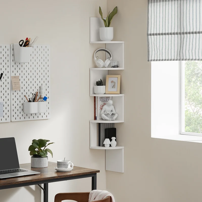 VASAGLE Corner Shelf, 5-Tier Floating Wall Shelf Plant Shelf White