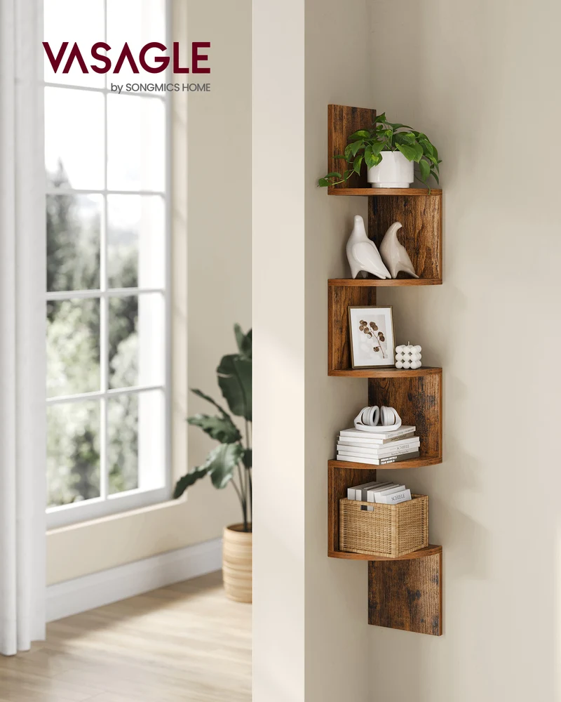 VASAGLE Corner Shelf, 5-Tier Floating Wall Shelf Rustic Brown