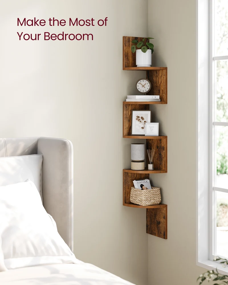 VASAGLE Corner Shelf, 5-Tier Floating Wall Shelf Rustic Brown