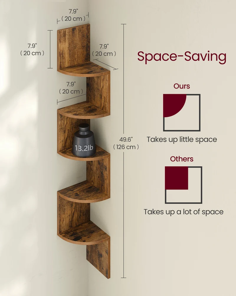 VASAGLE Corner Shelf, 5-Tier Floating Wall Shelf Rustic Brown