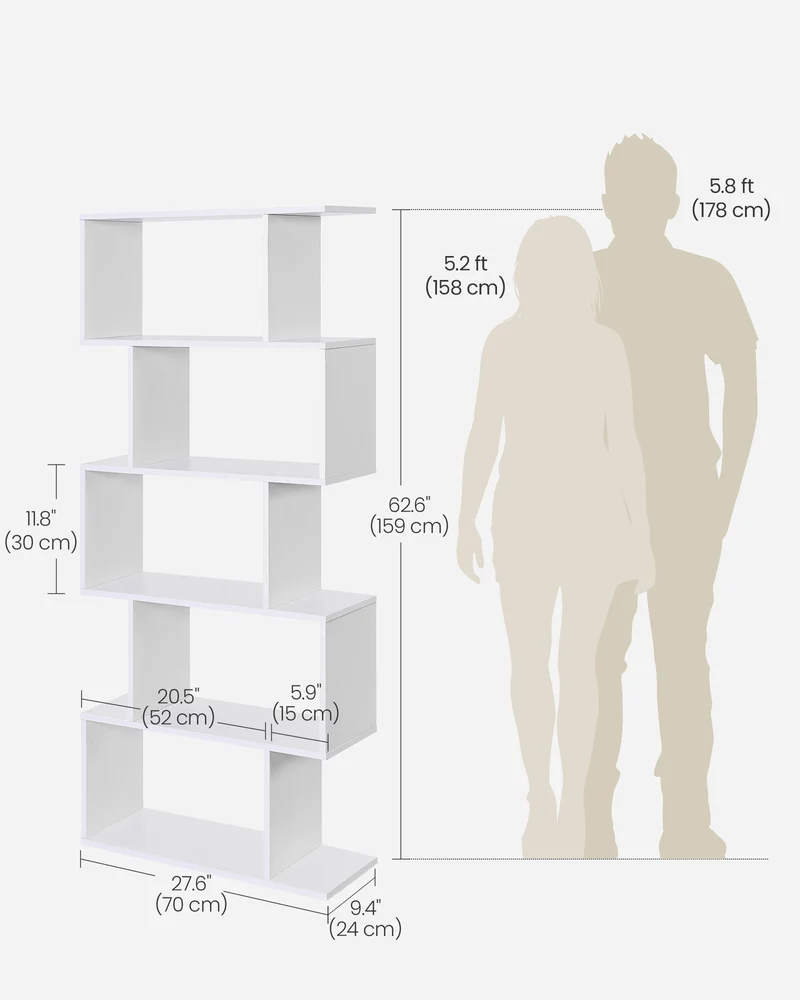 VASAGLE Bookshelf, 5-Tier Bookcase, Tall Display Shelf, Freestanding Storage Shelf, Room Divider White