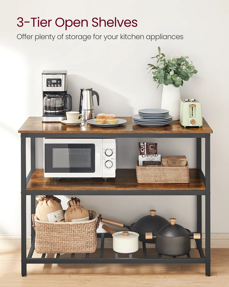 VASAGLE 3 Tier Kitchen Island, 47.2 Inches Kitchen Shelf with Large Worktop, Industrial, Easy to Assemble, Rustic Brown and Black