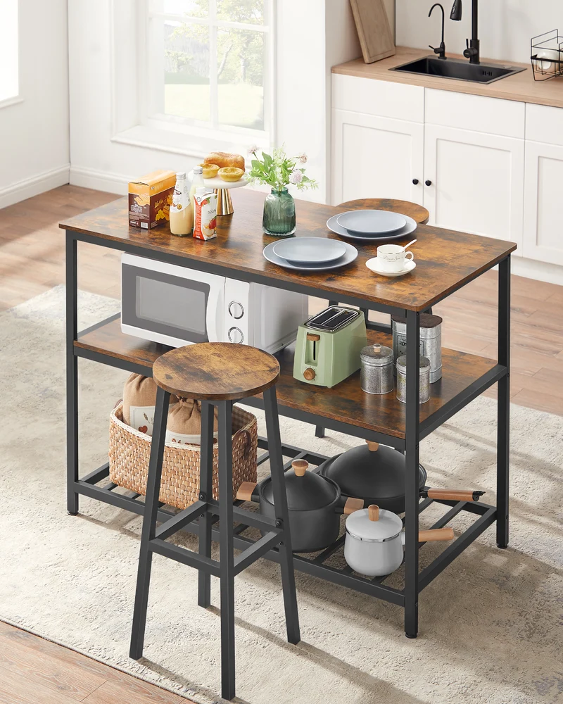 VASAGLE 3 Tier Kitchen Island, 47.2 Inches Kitchen Shelf with Large Worktop, Industrial, Easy to Assemble, Rustic Brown and Black