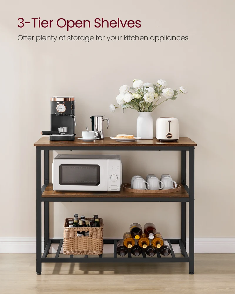 VASAGLE Kitchen Island with 3 Shelves, 39.4 Inches Kitchen Shelf with Large Worktop, Stable Steel Structure, Industrial Rustic Brown and Black