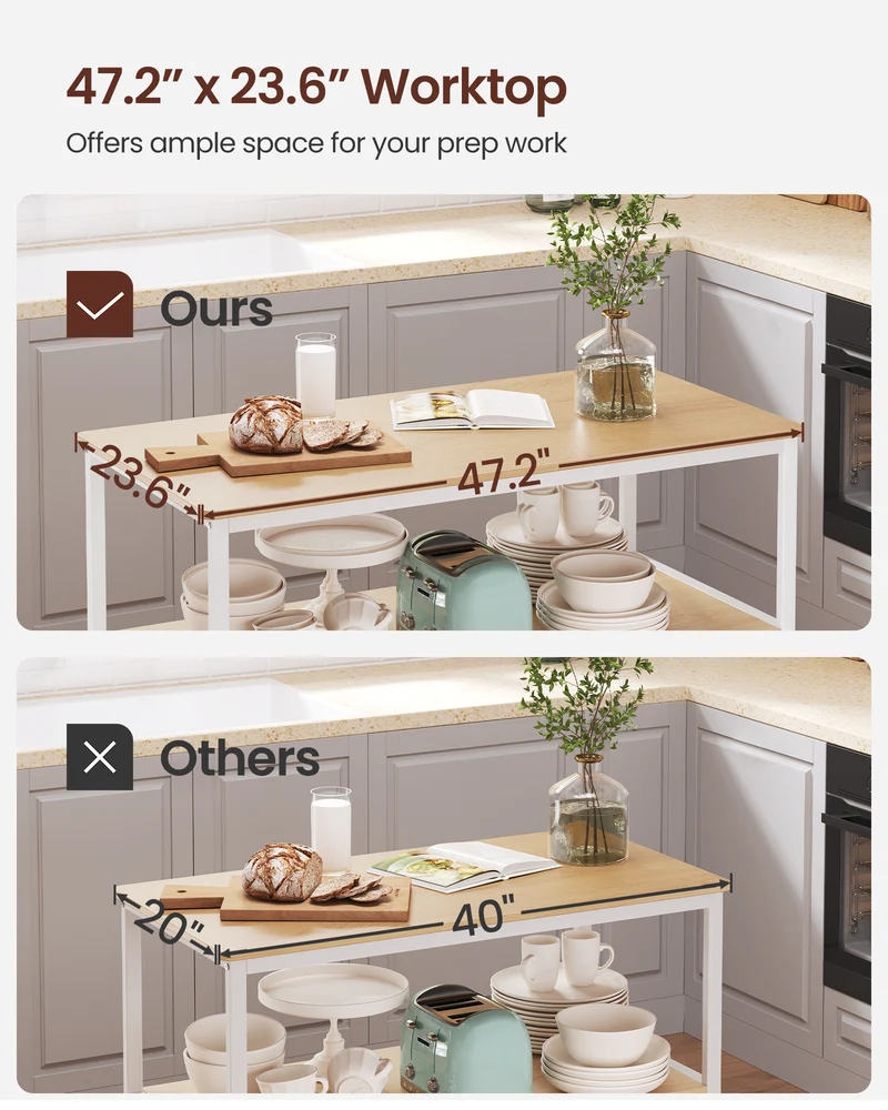VASAGLE Kitchen Island with 3 Shelves, 47.2 Inches Kitchen Shelf with Large Worktop, Stable Steel Structure, Oak Color and White