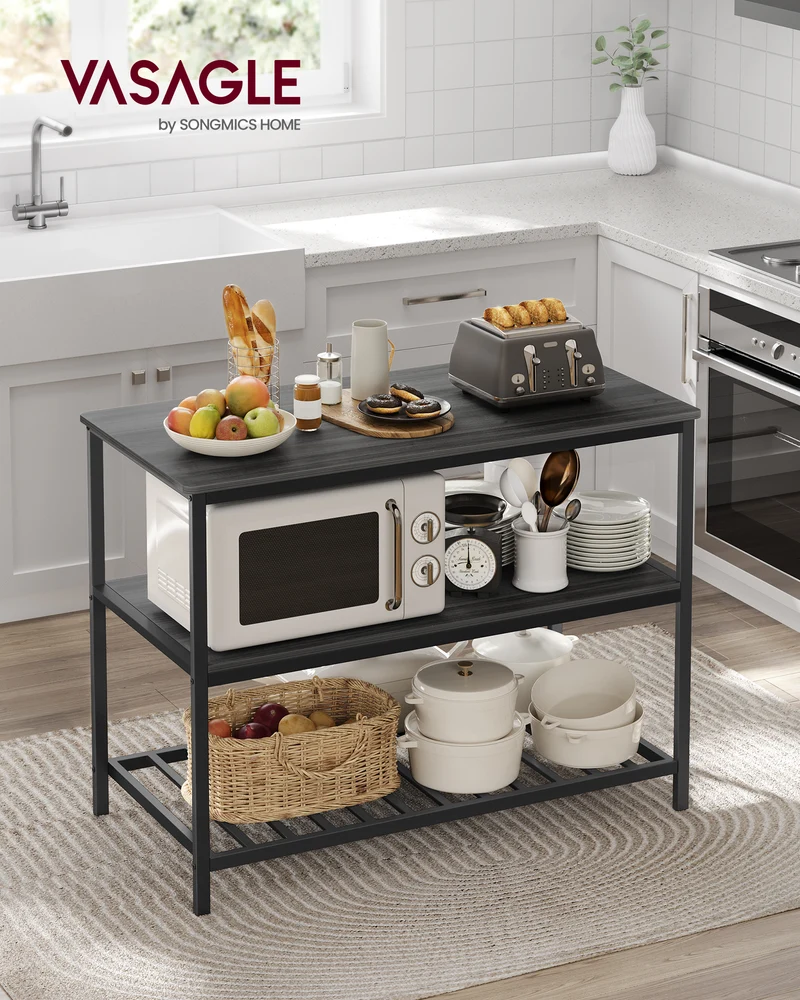 VASAGLE Kitchen Island with 3 Shelves, 47.2 Inches Kitchen Shelf with Large Worktop, Stable Steel Structure, Ebonized Oak Finish and Black