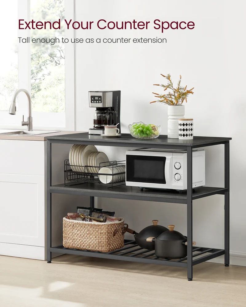 VASAGLE Kitchen Island with 3 Shelves, 47.2 Inches Kitchen Shelf with Large Worktop, Stable Steel Structure, Ebonized Oak Finish and Black