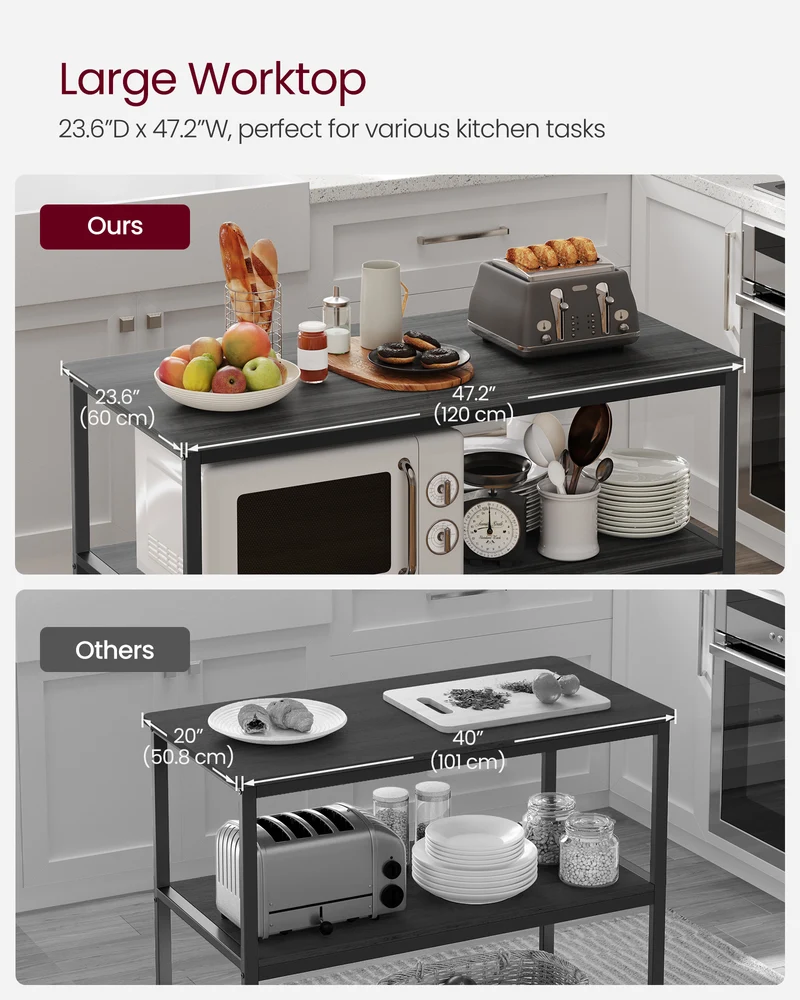 VASAGLE Kitchen Island with 3 Shelves, 47.2 Inches Kitchen Shelf with Large Worktop, Stable Steel Structure, Ebonized Oak Finish and Black