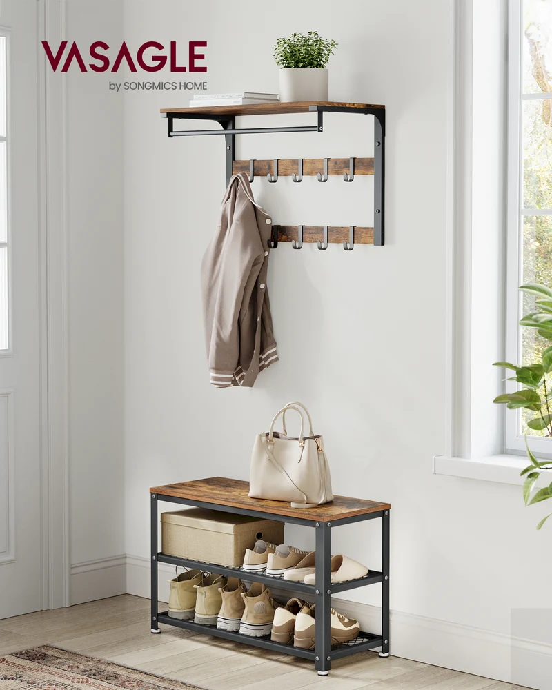 VASAGLE 28.7" Shoe Rack Bench 3-Tier Shoe Shelf Storage Bench with Metal Mesh Shelves and Seat Shoe Rack Rustic Brown and Brown