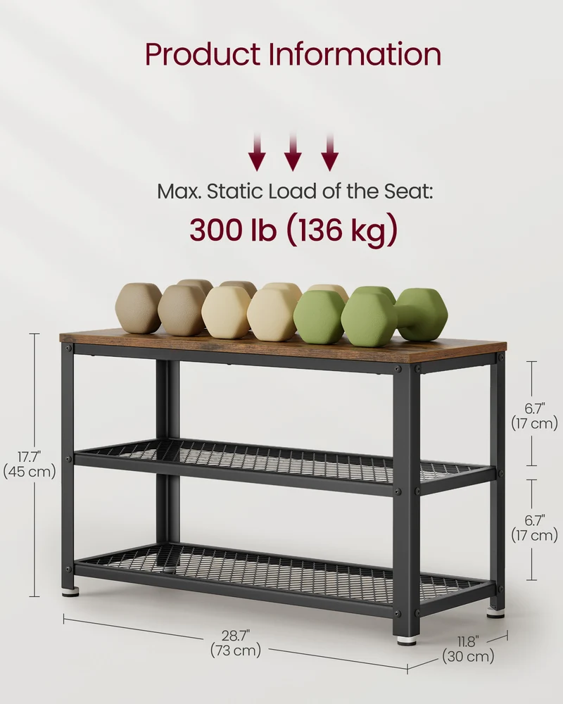 VASAGLE 28.7" Shoe Rack Bench 3-Tier Shoe Shelf Storage Bench with Metal Mesh Shelves and Seat Shoe Rack Rustic Brown and Brown