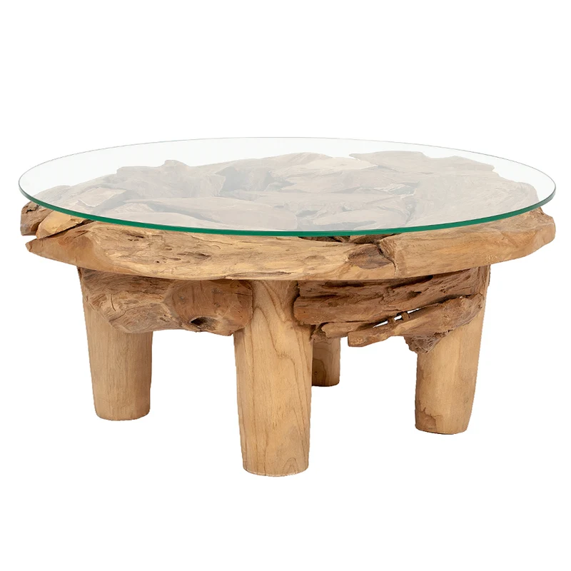 Teakwurzel Couchtisch BOSCO 80cm Natural Massivholz Glasplatte