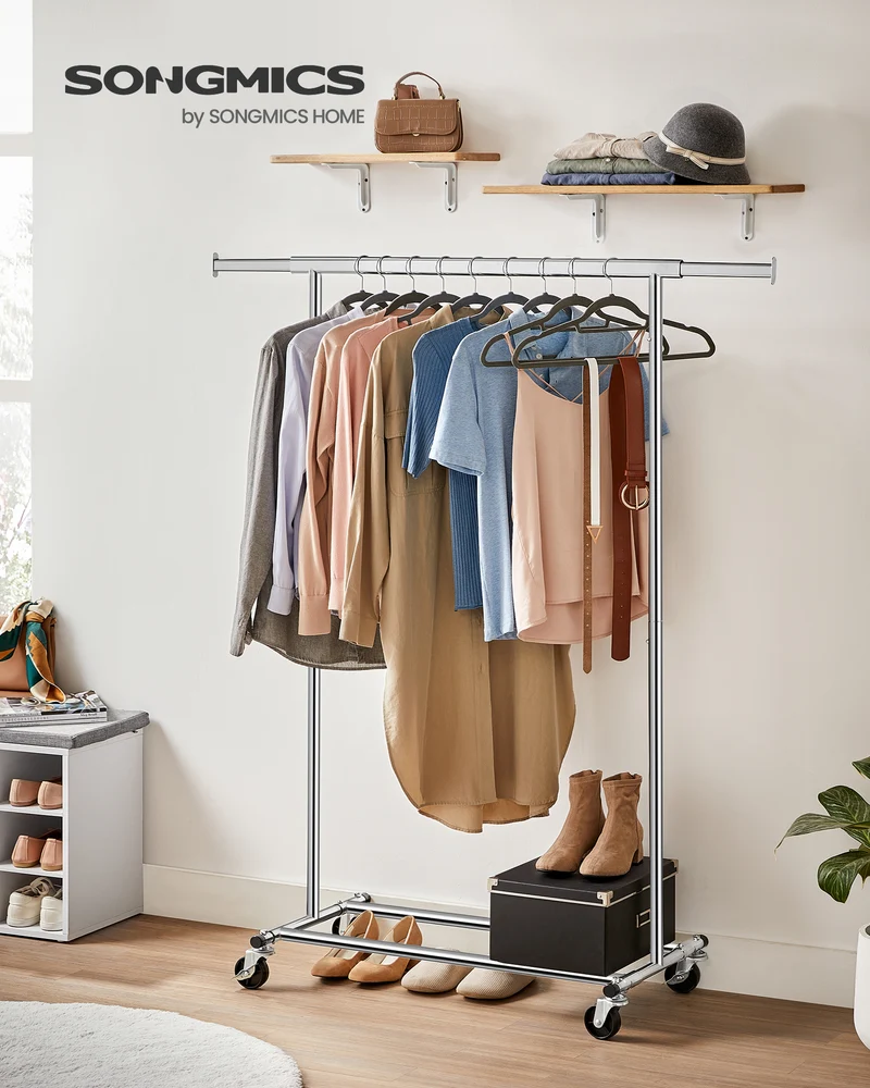 SONGMICS Heavy Duty Clothes Rack, Clothing Rack for Hanging Clothes, Portable Garment Rack with Wheels and Extendable Hanging Rod, Silver
