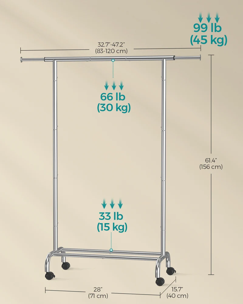 SONGMICS Clothes Rack, Clothing Rack with Extendable Hanging Rail and Wheels, Garment Rack, 99 lb Total Max. Load Silver