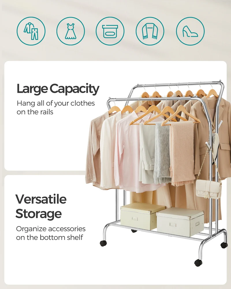SONGMICS Double-Rod Clothes Rack Garment Rack with Wheels Heavy-Duty Metal Frame 220 lb Max Load Clothes Storage and Display Silverv
