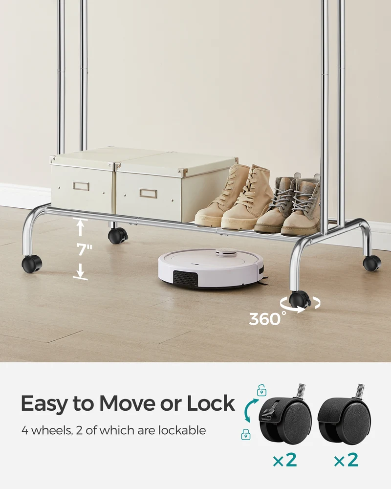 SONGMICS Double-Rod Clothes Rack Garment Rack with Wheels Heavy-Duty Metal Frame 220 lb Max Load Clothes Storage and Display Silverv
