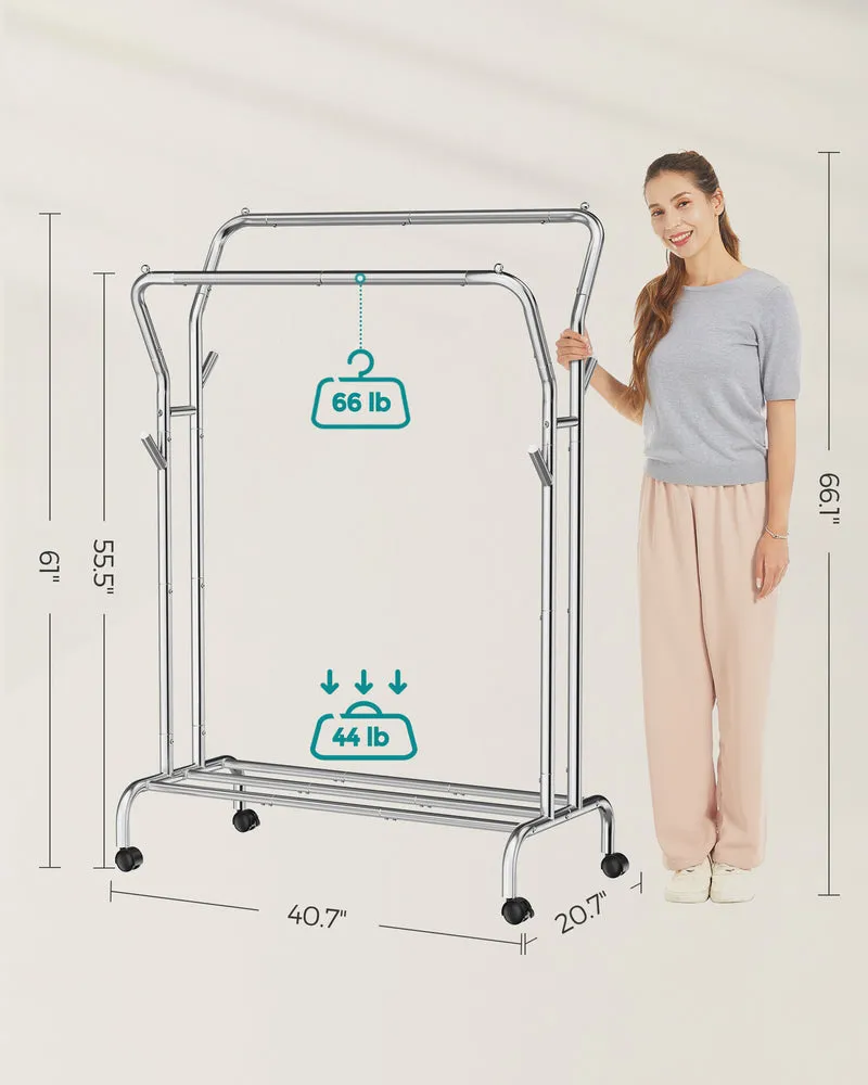 SONGMICS Double-Rod Clothes Rack Garment Rack with Wheels Heavy-Duty Metal Frame 220 lb Max Load Clothes Storage and Display Silverv