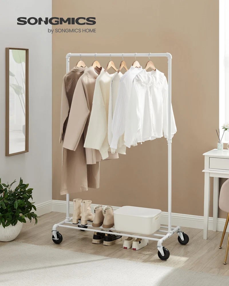 SONGMICS Heavy-Duty Clothes Rack, Clothing Rack for Hanging Clothes, Industrial Garment Rack on Wheels, Metal Frame, Commercial Display, White