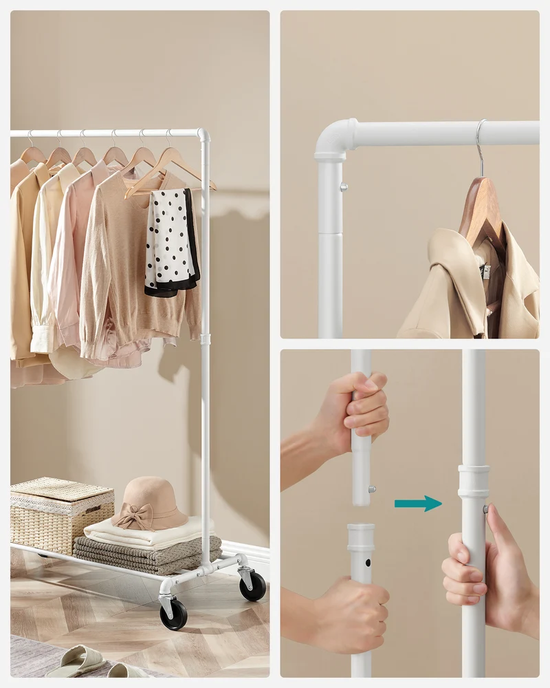 SONGMICS Heavy-Duty Clothes Rack, Clothing Rack for Hanging Clothes, Industrial Garment Rack on Wheels, Metal Frame, Commercial Display, White