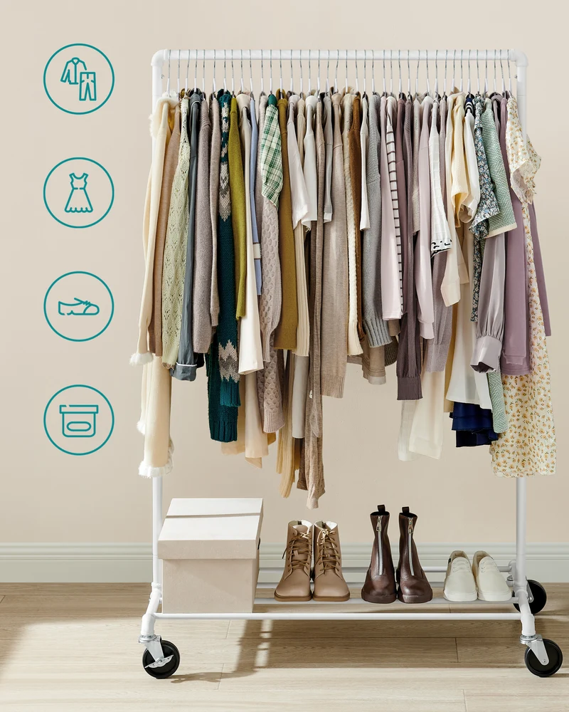 SONGMICS Heavy-Duty Clothes Rack, Clothing Rack for Hanging Clothes, Industrial Garment Rack on Wheels, Metal Frame, Commercial Display, White