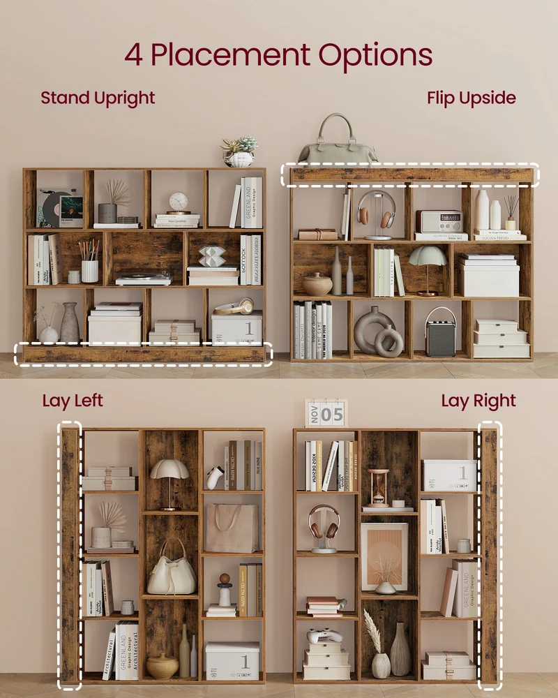 3-Tier Bookcase, Open Shelf Organizer for Living Room/Office, Space-Saving Design, Tool-Free Assembly, Rustic Brown