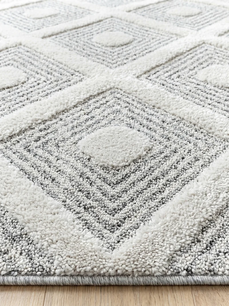 3D Hochflor-Teppich Rauten mit Punktstruktur – Waschbar | Hoch-Tief-Effekt | 2,00 cm Florhöhe für Wohnkomfort