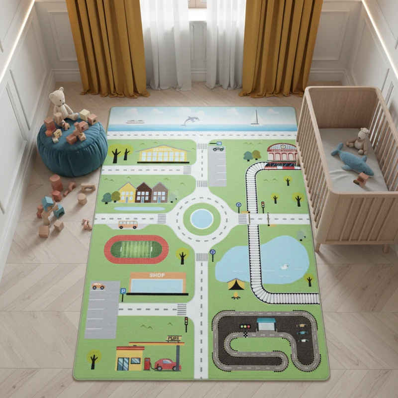 Kinderteppich Spielstraße – Waschbar & Rutschfest zum Spielen für Kinderzimmer
