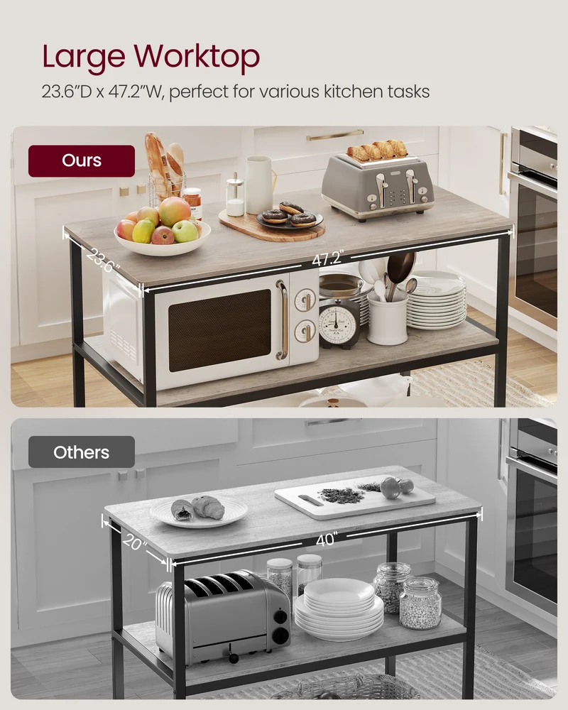 VASAGLE Kitchen Island with 3 Shelves, 47.2 Inches Kitchen Shelf with Large Worktop, Stable Steel Structure, Easy to Assemble, Greige and Black