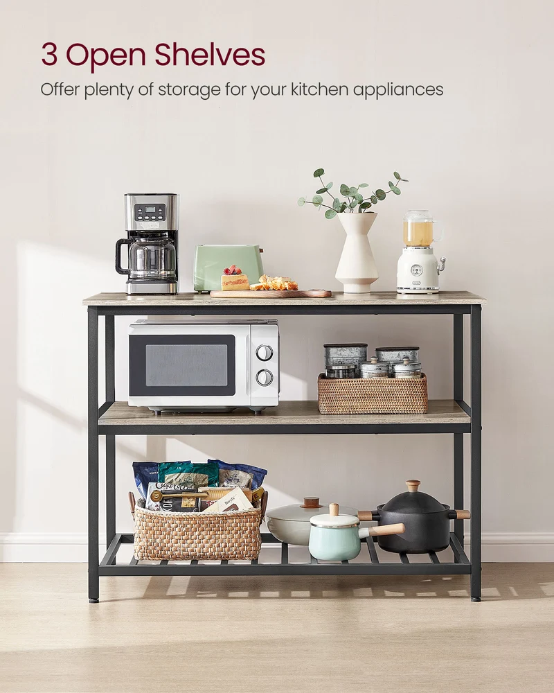 VASAGLE Kitchen Island with 3 Shelves, 47.2 Inches Kitchen Shelf with Large Worktop, Stable Steel Structure, Easy to Assemble, Greige and Black