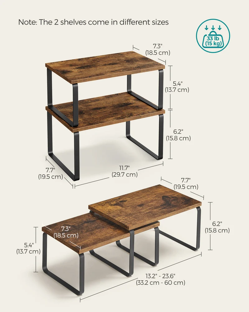Cabinet Organizer Shelf, Set of 2 Kitchen Counter Shelves, Kitchen Storage, Spice Rack, Stackable, Expandable, Metal and Engineered Wood