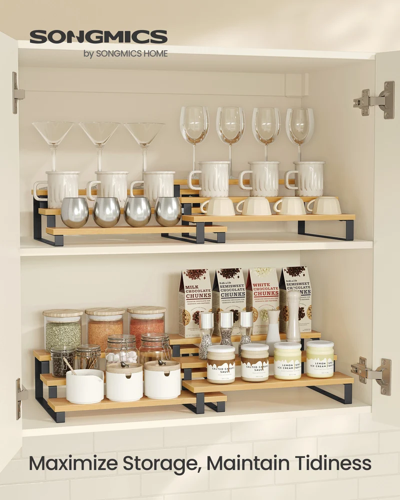 Bamboo Display Risers - Set of 2 Perfume Organizer Stands, 3 Tier Cupcake Holder, Spice Rack - Shelf Risers for Figures, Dessert Shelves