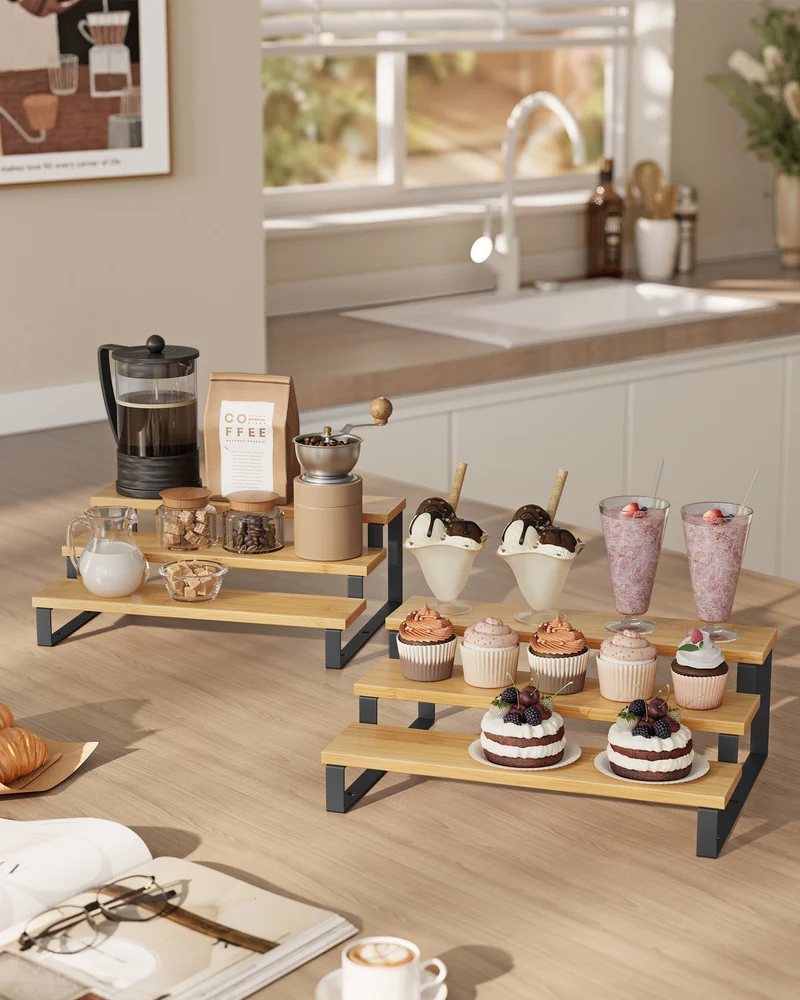 Bamboo Display Risers - Set of 2 Perfume Organizer Stands, 3 Tier Cupcake Holder, Spice Rack - Shelf Risers for Figures, Dessert Shelves