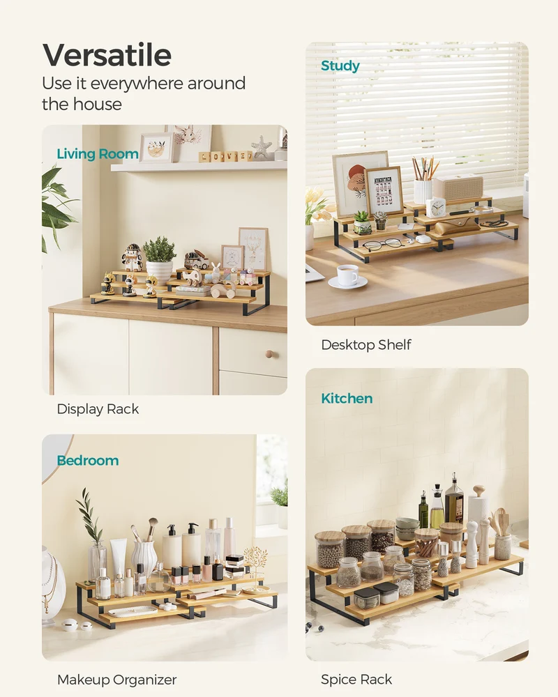 Bamboo Display Risers - Set of 2 Perfume Organizer Stands, 3 Tier Cupcake Holder, Spice Rack - Shelf Risers for Figures, Dessert Shelves