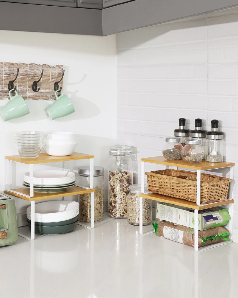 Cabinet Organizer Shelf, Set of 4 Kitchen Counter Shelves, Kitchen Storage, Spice Rack, Stackable, Expandable, Metal and Engineered Wood
