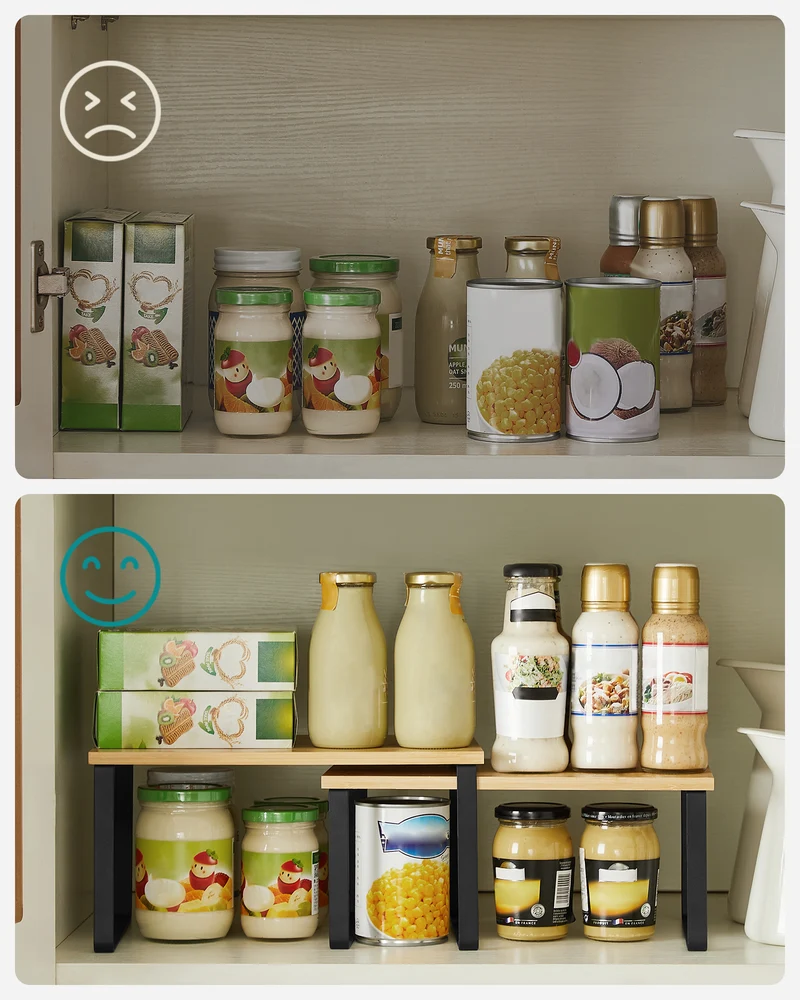 Cabinet Organizer Shelf, Set of 4 Kitchen Counter Shelves, Kitchen Storage, Spice Rack, Stackable, Expandable, Metal and Engineered Wood