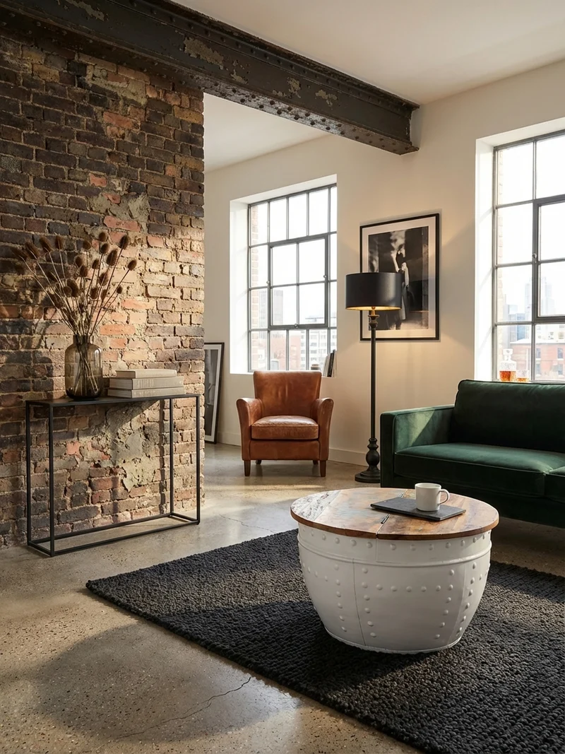 Couchtisch Massivholz mit klappbarer Tischplatte im industriellen Stil und Metallgestell