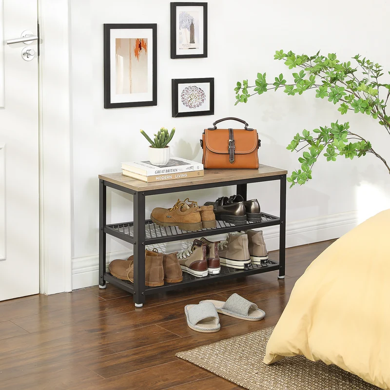 VASAGLE 3-Tier Rack Stylish Shoe Organizer and Storage Bench Greige and Black