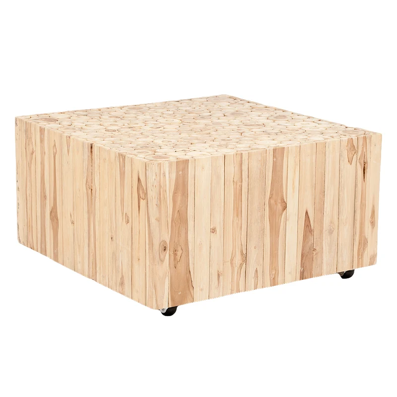 Moderner Teak Couchtisch EVA 80x80cm Natural auf Rollen